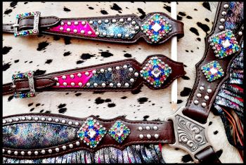 Showman Rainbow Inlay metallic with pink metallic accent one ear headstall and breast collar set #3
